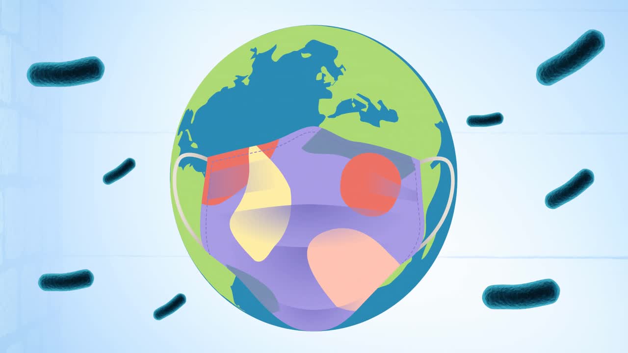 바이러스 세포 위에서 지구에 있는 얼굴 마스크의 애니메이션