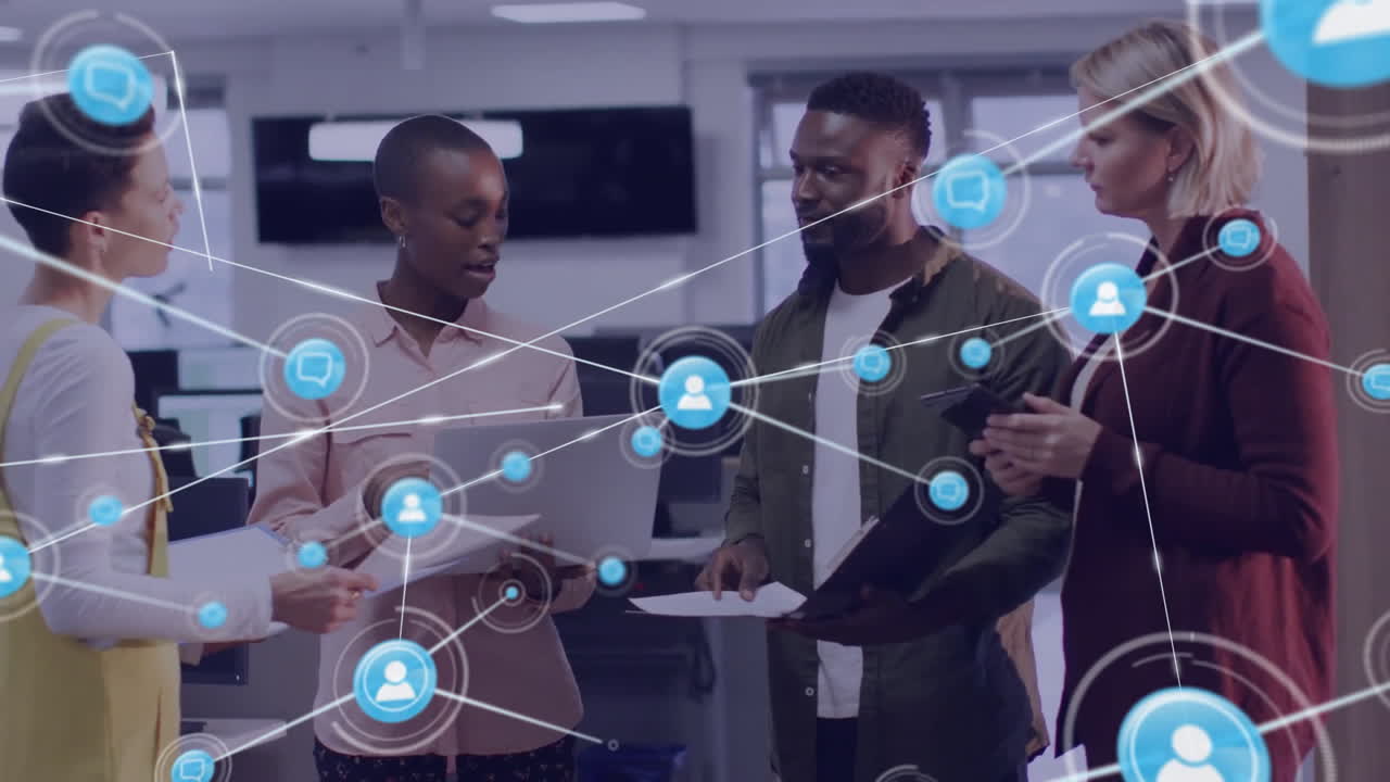 Animation of network of connections over diverse colleagues having meeting in office