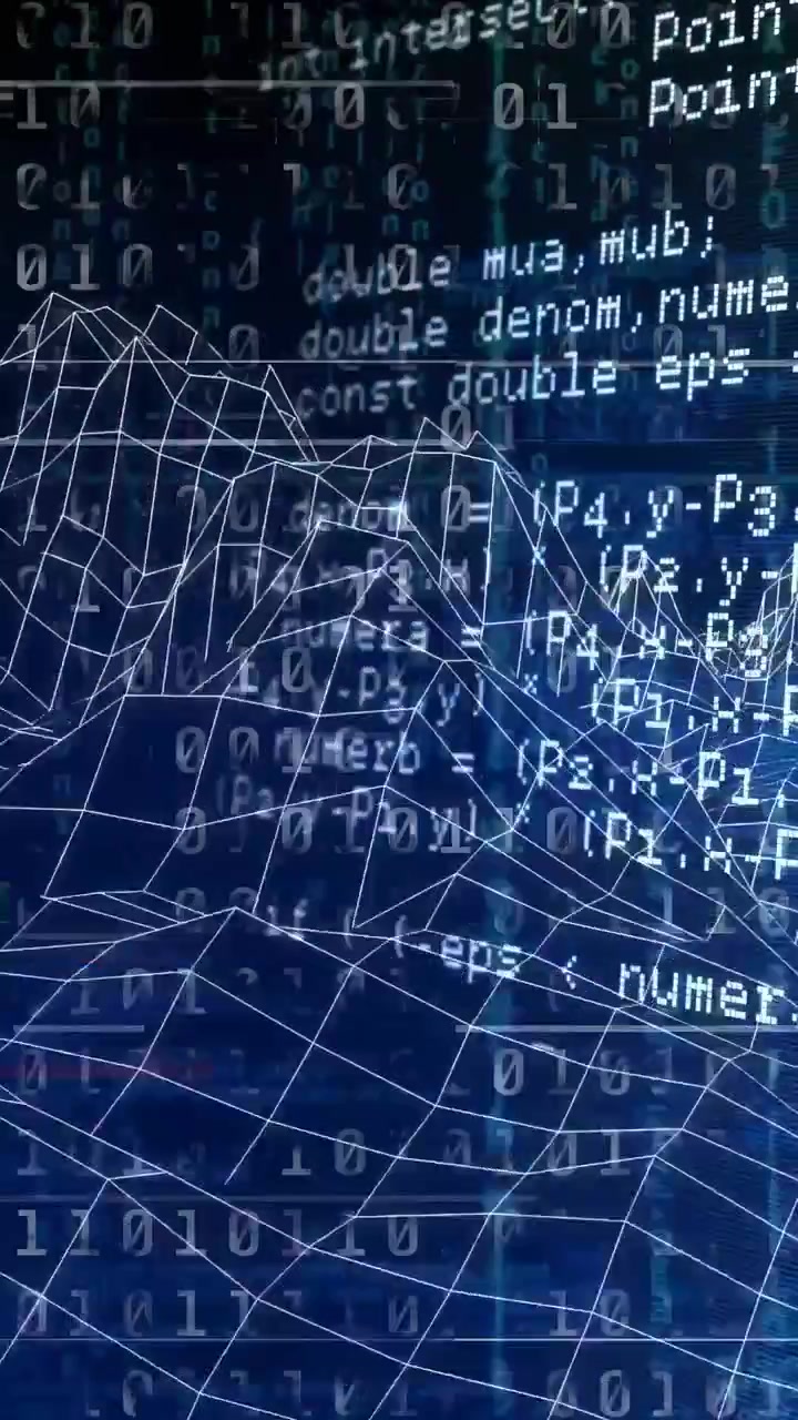 Video verticale: Densità del codice in aumento, rete metallica bianca che si trasforma e si muove, mostrando il flusso di rete.