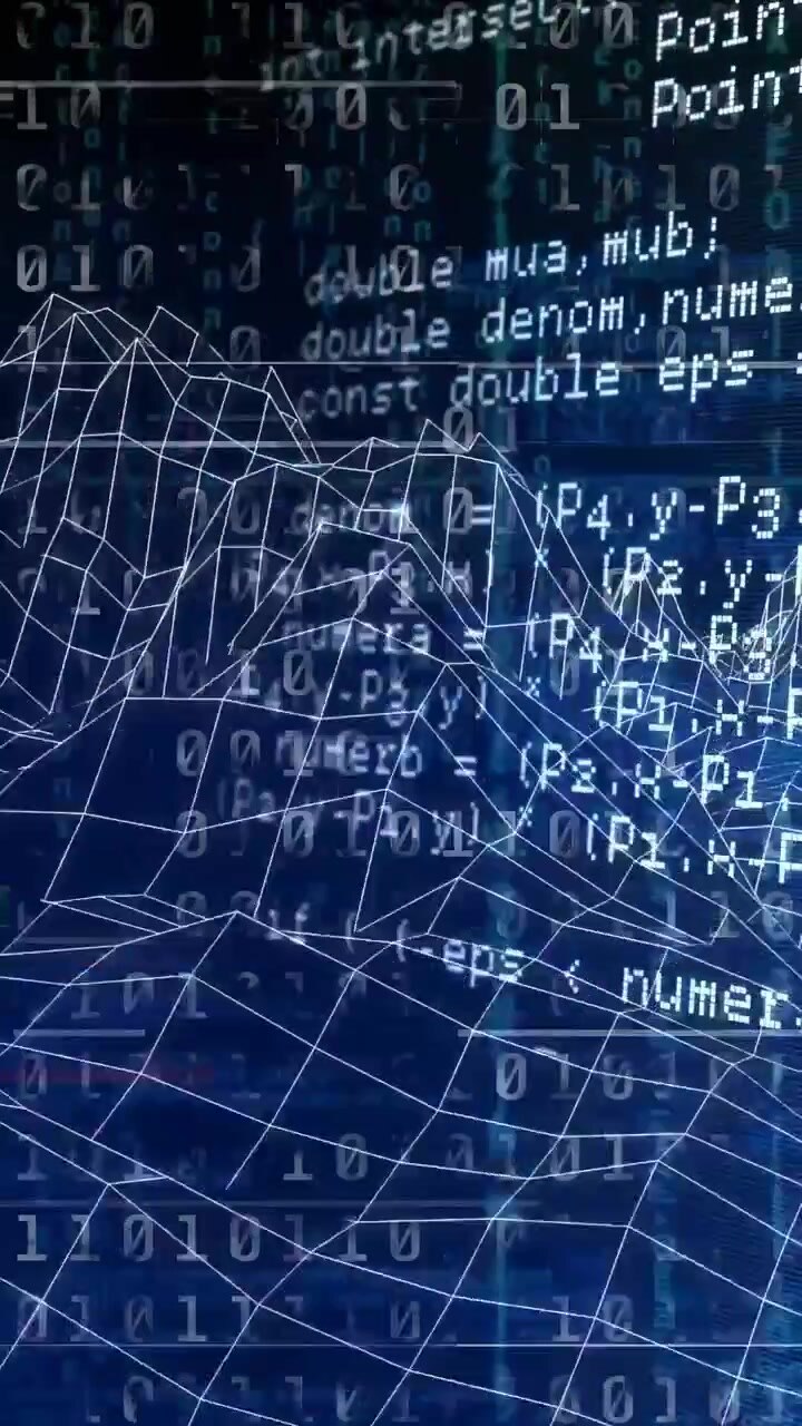 Vertical video: Code density rising, white wire mesh morphing and translating, showing network flow