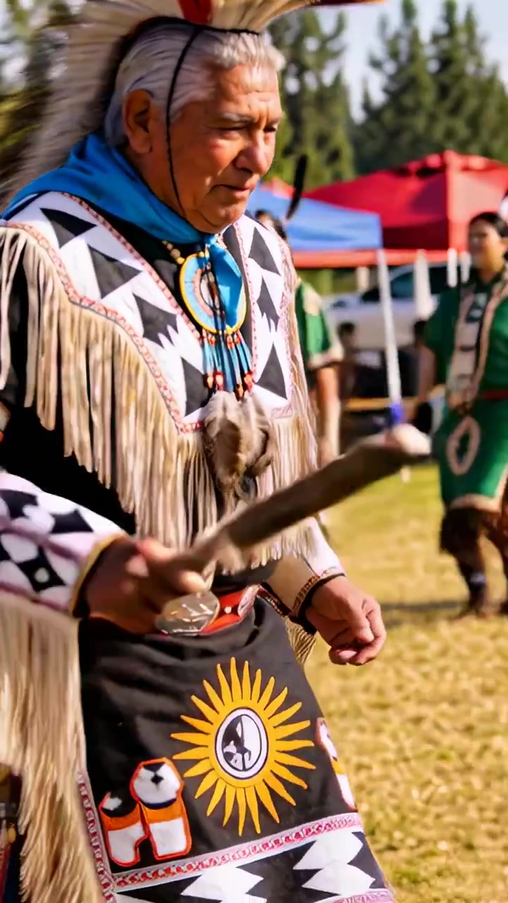 Video verticale: Anziano indigeno che esegue una danza a un powwow, indossando un copricapo e un ventaglio.