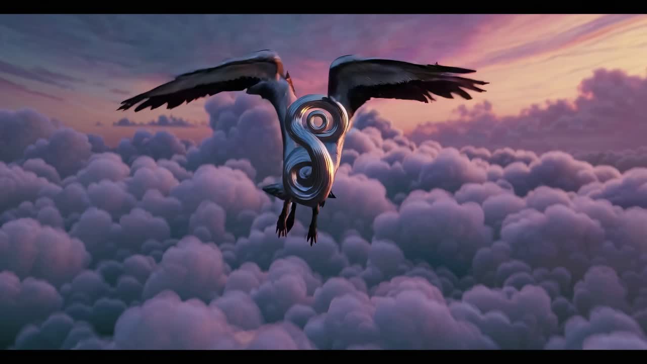 Flying Metallic Creature in Clouds at Sunset