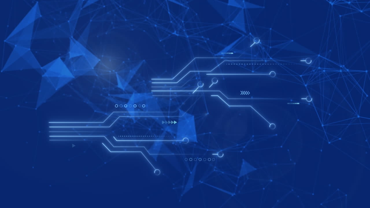 Animazione di connessioni di microprocessori e reti a plesso su sfondo blu.