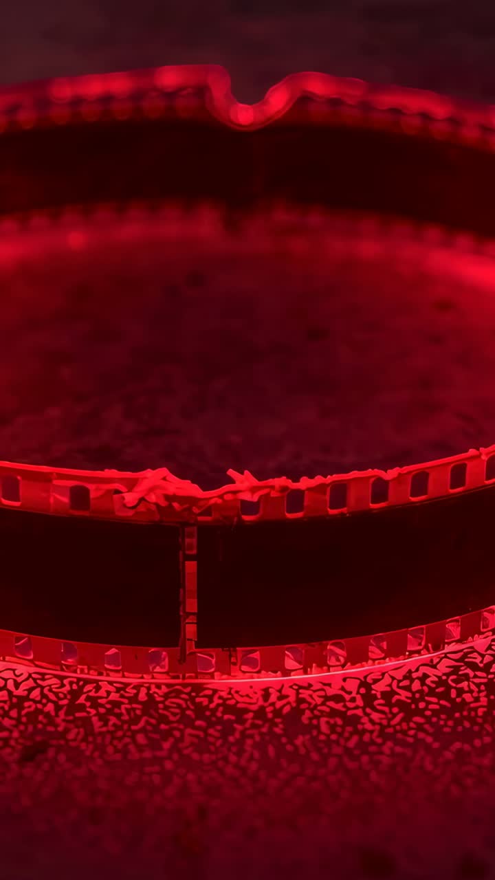 Vertical video: Shifting camera focus showing 35mm film loop coarse table red glow exposing splice