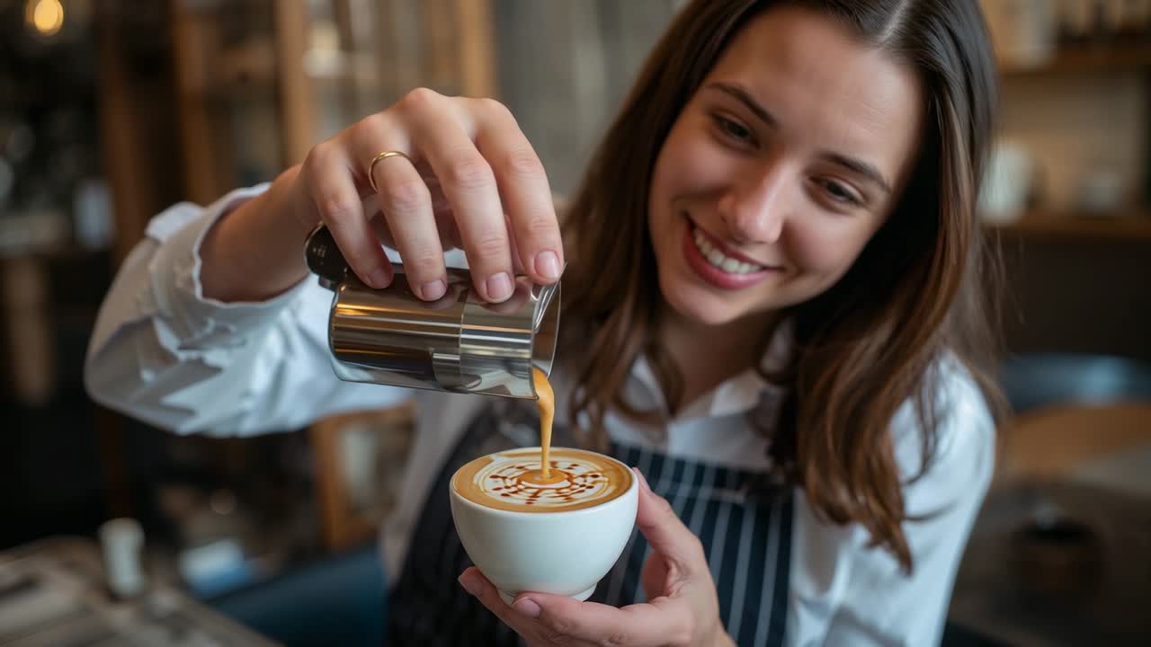 Brocca inclinata, barista con grembiule a righe che versa al bancone del bar, creando una latte art in una tazza bianca