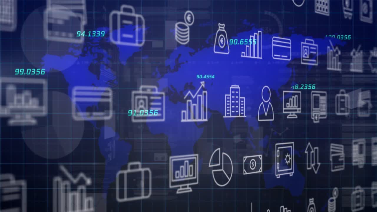 animación de iconos y procesamiento de datos sobre el mapa del mundo