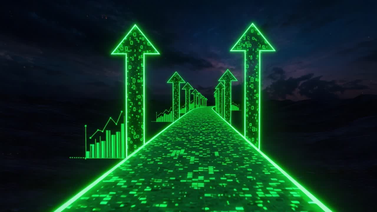 A Futuristic Digital Pathway Illuminated with Green Arrows and Binary Code Representing Growth and Progress in Technology and Data Visualization