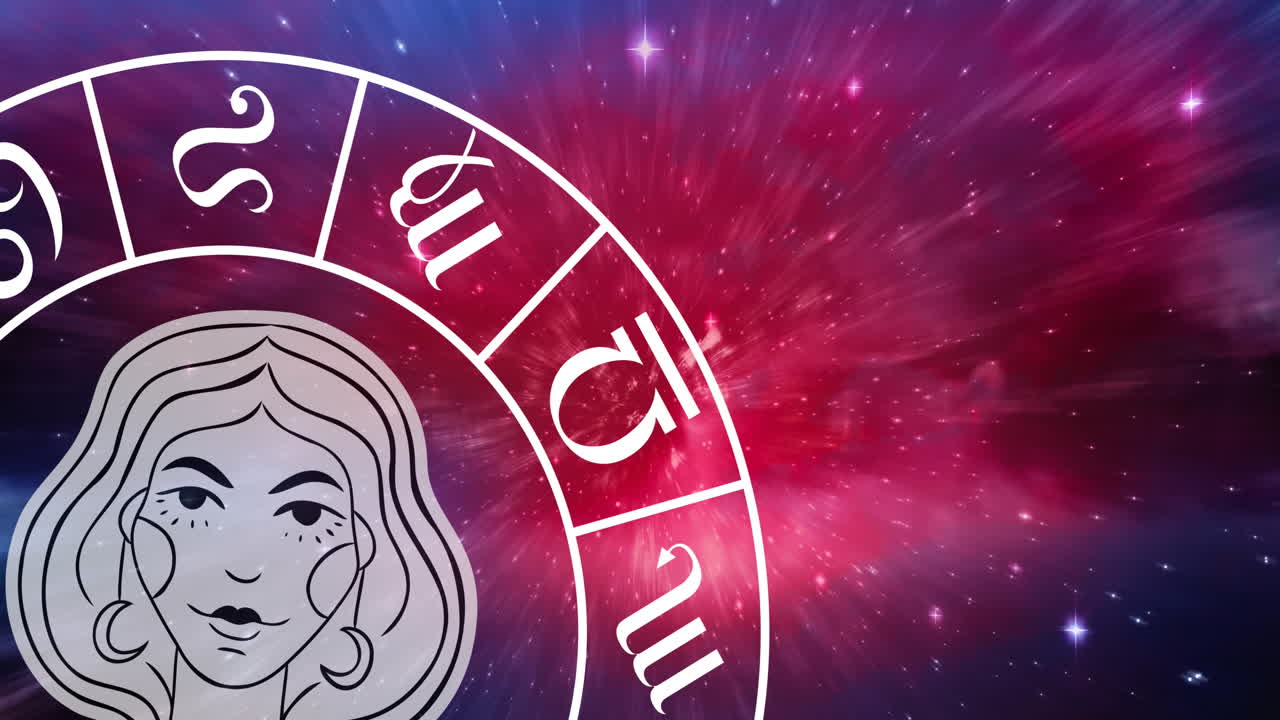 animación del símbolo del signo de la estrella de virgo en la rueda giratoria del horóscopo sobre las estrellas brillantes