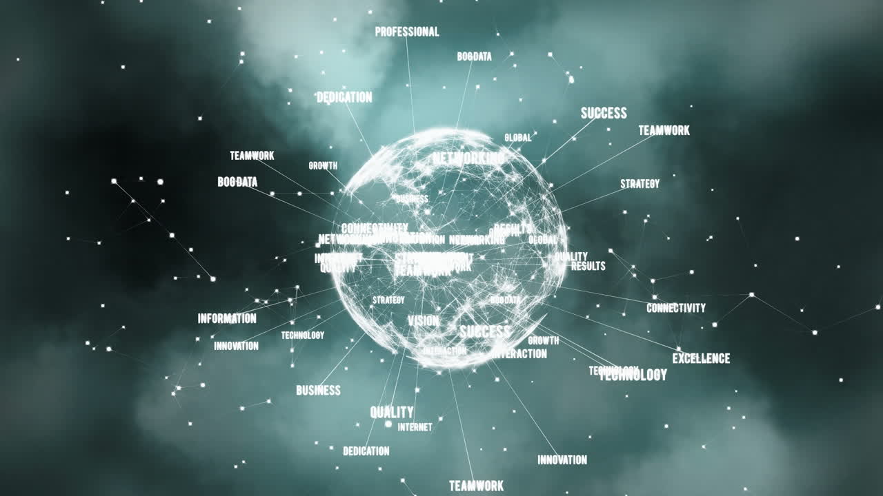 전 세계 텍스트와 연결된 네트워크의 애니메이션