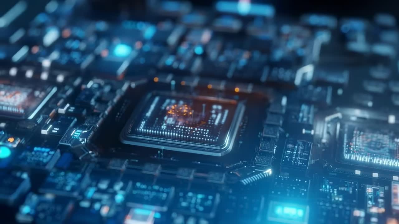 Futuristic circuit board close-up, angled shot. High-tech video concept with glowing elements. Live