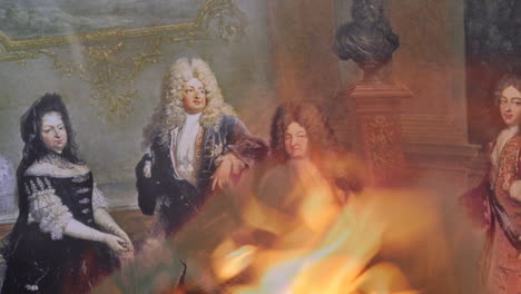 an antique oil painting burning in a palace buring the french revolution. the flames from the fire engulf the art picture as it burns