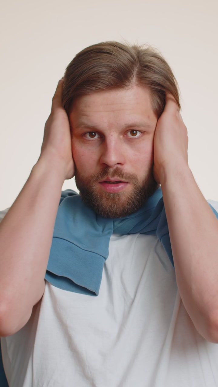 Caucasian man terrified about danger problems suffering phobia anxiety disorder expresses fear