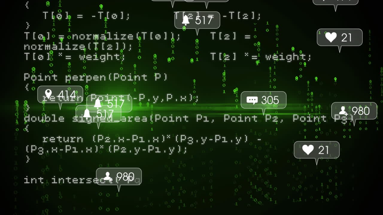 소셜 미디어 아이콘과 숫자의 애니메이션, 바이너리 코딩 및 데이터 처리
