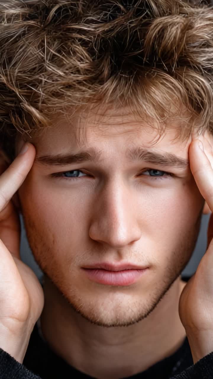 Expressive Portrait Series Highlighting Sombre Emotions in Close-Up Shots, Capturing Introspection and Mental Strain in a Young Man's Face