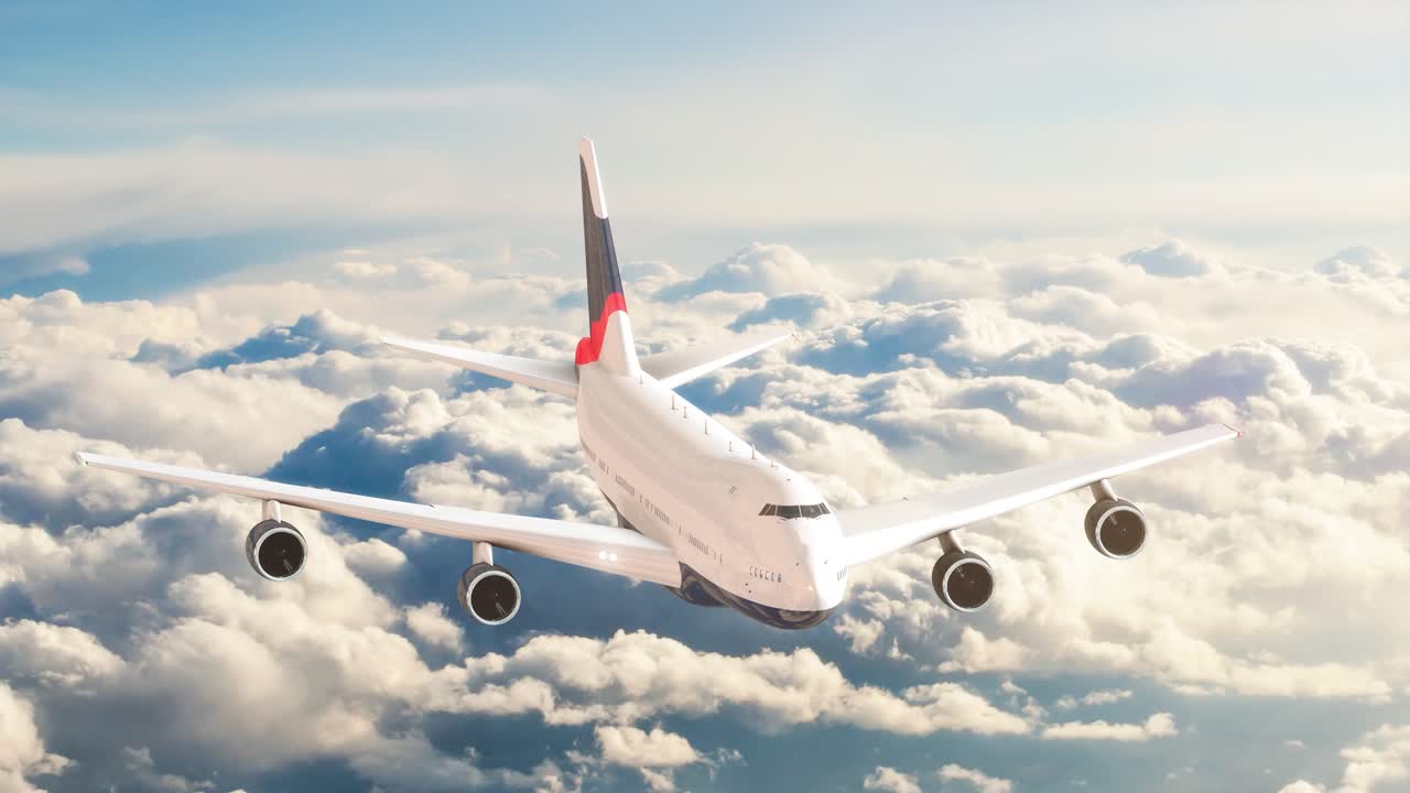 Airplane flying above clouds and beautiful blue sky in sunlight, travel trip with airplane, aerial view of flying aeroplane background.