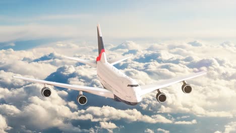 airplane flying above clouds and beautiful blue sky in sunlight, travel trip with airplane, aerial view of flying aeroplane background.