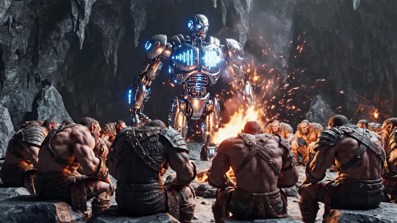 Robot Leader and Orc Warriors Gathering Around a Fire in a Cave
