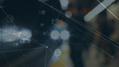 animación de redes de conexiones sobre luces de la ciudad fuera de enfoque