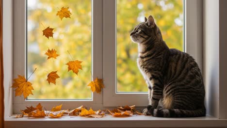 a serene autumn scene: a cat gazing out the window surrounded by golden maple leaves, capturing the tranquility of a cozy fall day