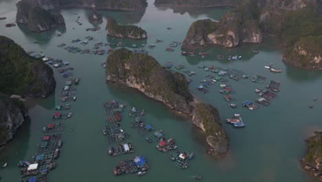 aerial-drone-shot-of-floating-villages-in-Cat-Ba-and-Halong-Bay-in-Northern-Vietnam