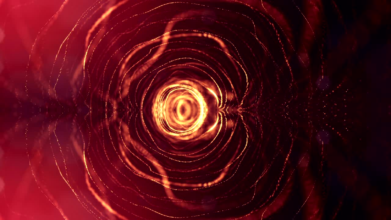 las partículas forman una línea, una cuadrícula de superficie o un misterioso espacio virtual. animación 3d sin costuras como fondo de ciencia ficción digital de partículas brillantes con profundidad de campo, bokeh. estructura circular de oro rojo