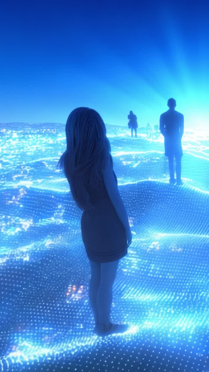 A mesmerizing digital landscape featuring silhouetted figures amidst a vibrant blue background, evoking a sense of wonder and connection to the virtual realm
