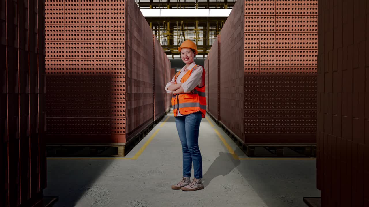 Full Body Side View Of Asian Female Engineer With Safety Helmet Crossing Her Arms And Looking Around While Standing With Red Brick Packed in Stacks Are Stored