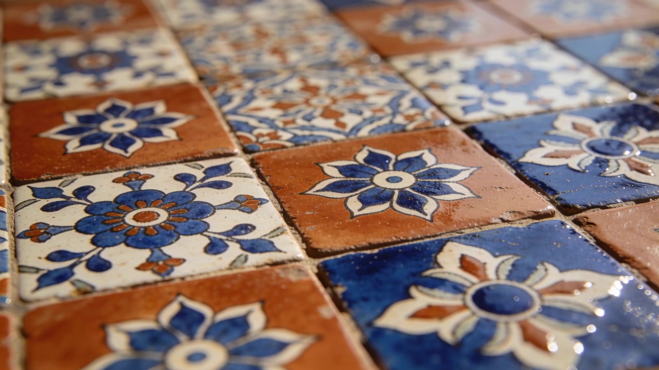Telecamera che si sposta rivelando piastrelle di ceramica floreali su un tavolo da un'angolazione bassa, evidenziando la smaltatura lucida.