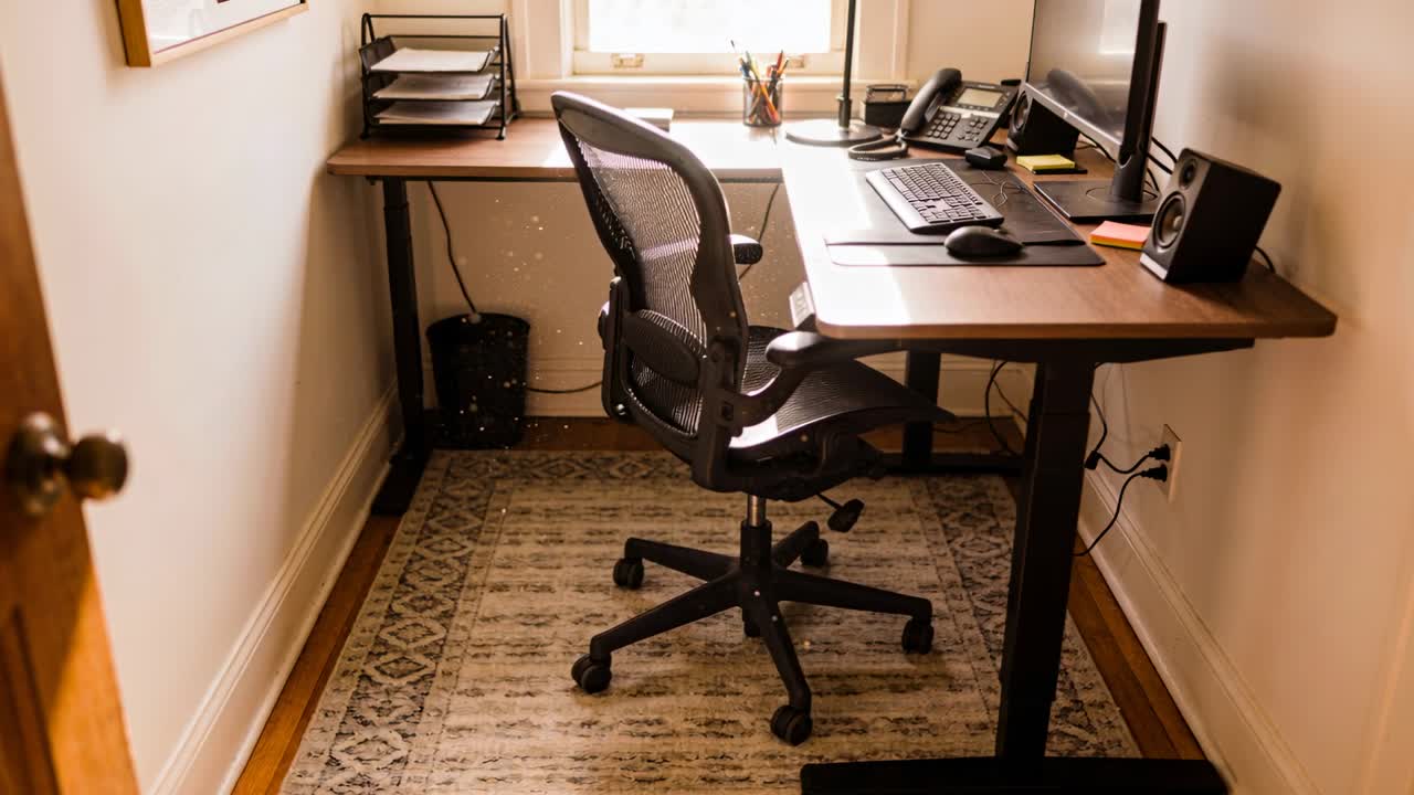 La telecamera scorre, partendo da una porta aperta, inquadrando una sedia a rete nera presso una scrivania con finestra che mostra la tastiera.