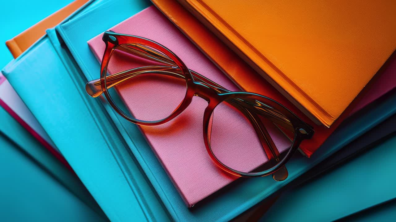 libros coloridos y gafas sobre fondo azul
