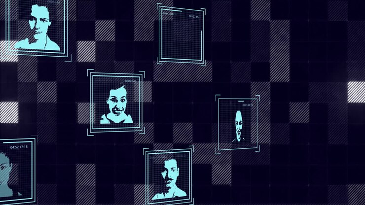 Animation of data processing with people portraits over glowing squares on black background