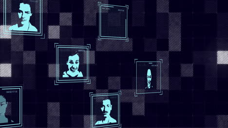 animation of data processing with people portraits over glowing squares on black background