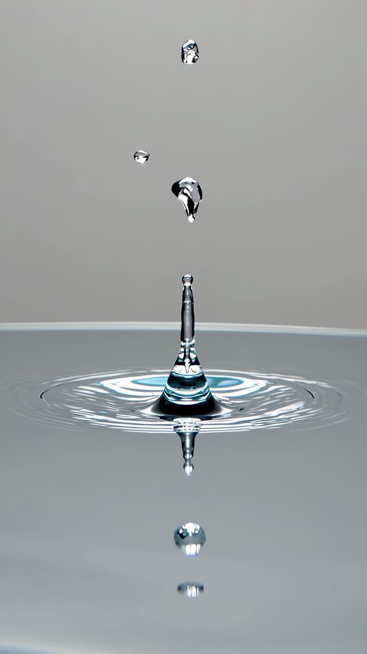 Close-up video of water droplets captured in mid-air, creating ripples on a smooth surface