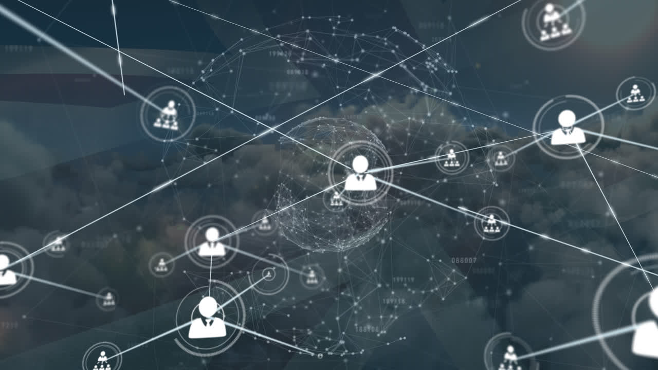 하늘과 구름 위의 아이콘과 사람들과의 연결 네트워크의 애니메이션