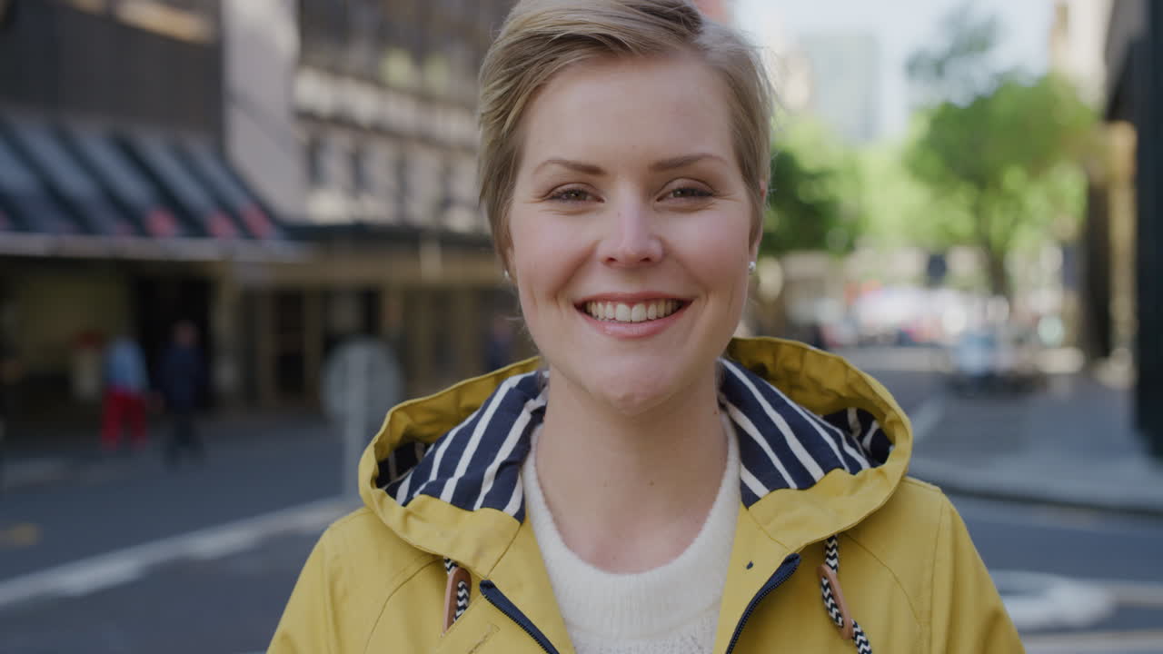 portrait of beautiful blonde woman smiling happy enjoying successful urban lifestyle cheerful caucasian female commuter in city street slow motion