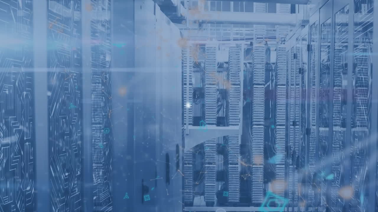 Animation of network of connections with icons and data processing over computer servers