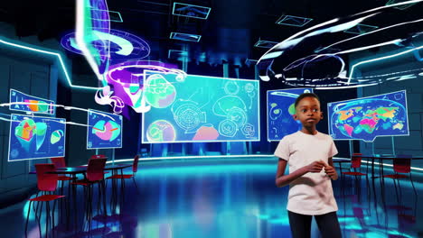 children interacting with futuristic holographic technology in a virtual learning environment