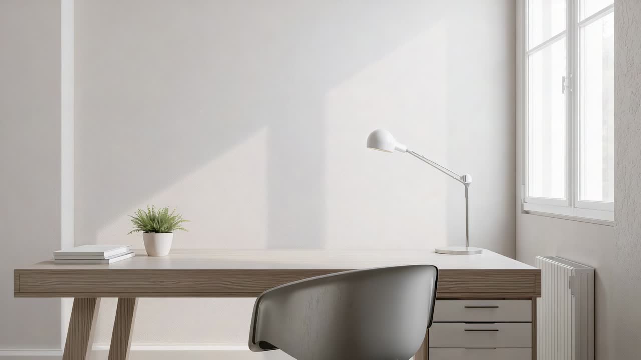 Panning camera revealing wooden desk with plant, books and lamp in sunlit room, showing layout