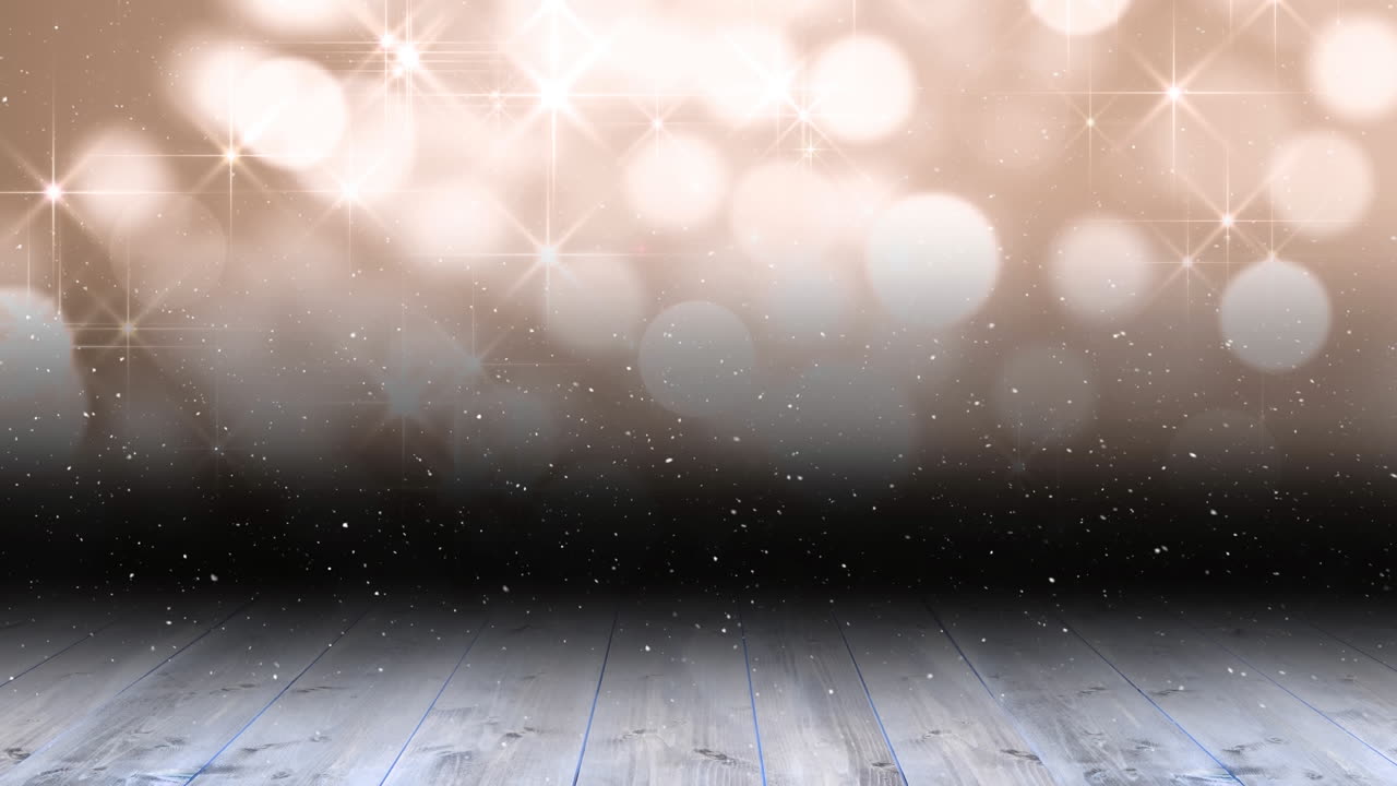 animación de nieve cayendo sobre puntos de luz con espacio de copia y tablas de madera
