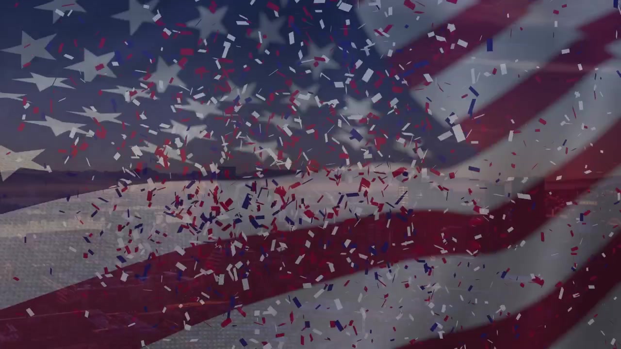 Animation of waving american flag over cityscape