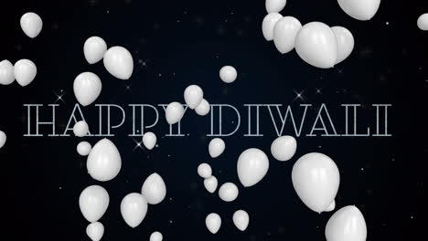 multiple white balloons floating over happy diwali text against black background