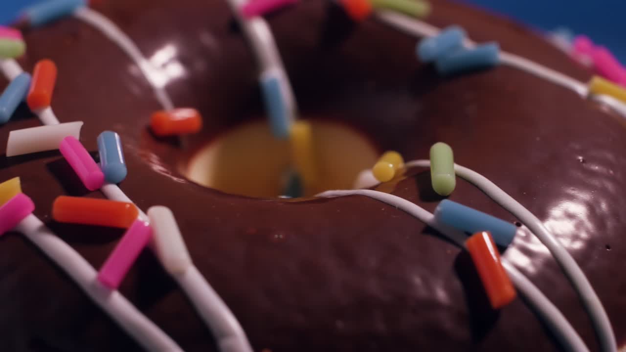 deliciosa rosquilla dulce girando en un plato. rosquilla salpicada brillante y colorida de primer plano sobre un fondo azul.