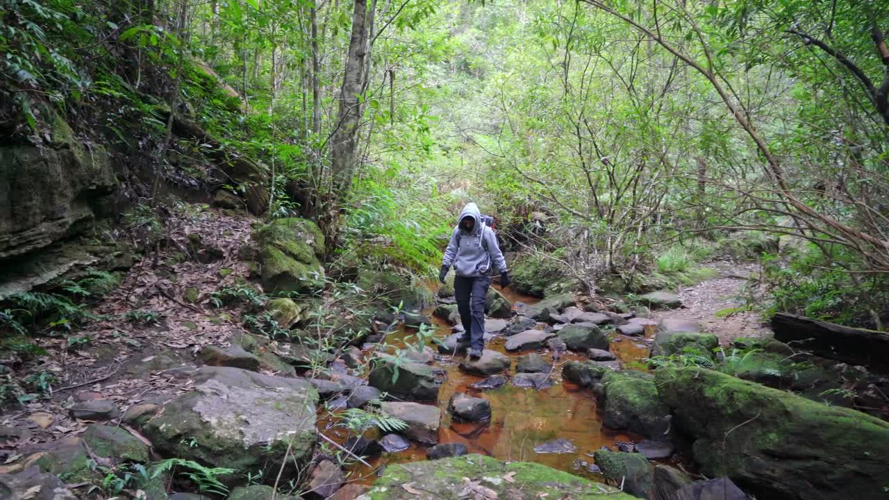 chica indígena australiana cruzando un pequeño arroyo mientras viaja con mochila a través del parque nacional de las montañas azules
