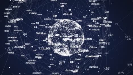 animation of network of connections with business texts over globe