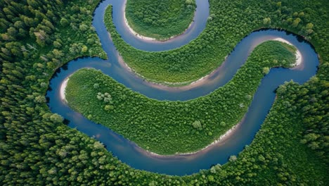 aerial view of serpentine river flowing through lush green forest, showcasing the beauty of nature in its undisturbed state and vibrant ecosystem
