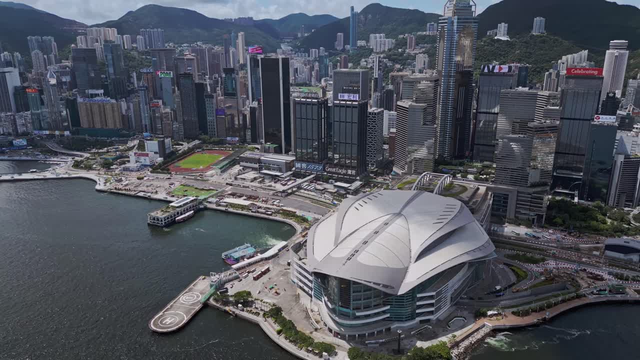 홍콩 컨벤션 및 전시 센터 및 도시 스카이라인의 항공, wan chai, 홍콩, 중국