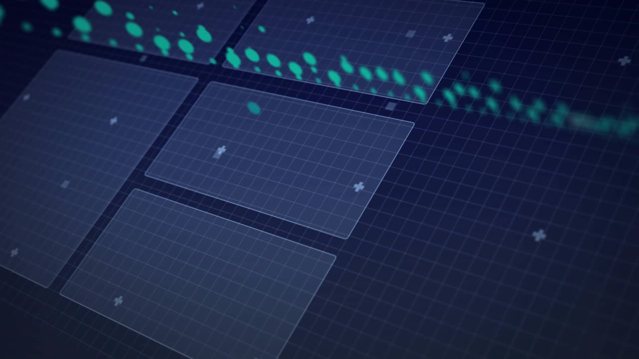Green wave entering top-left and sweeping across holo panel, spiking charts and showing data surge