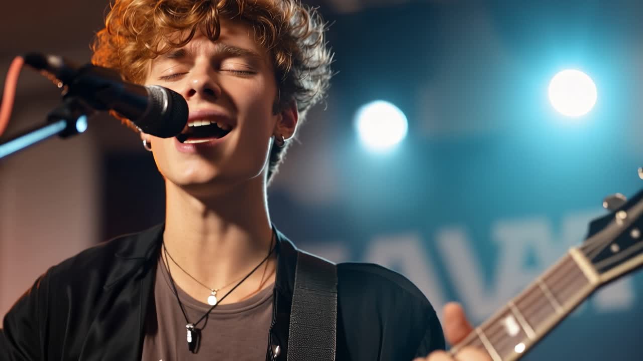 Young Man Singing and Playing Acoustic Guitar on Stage