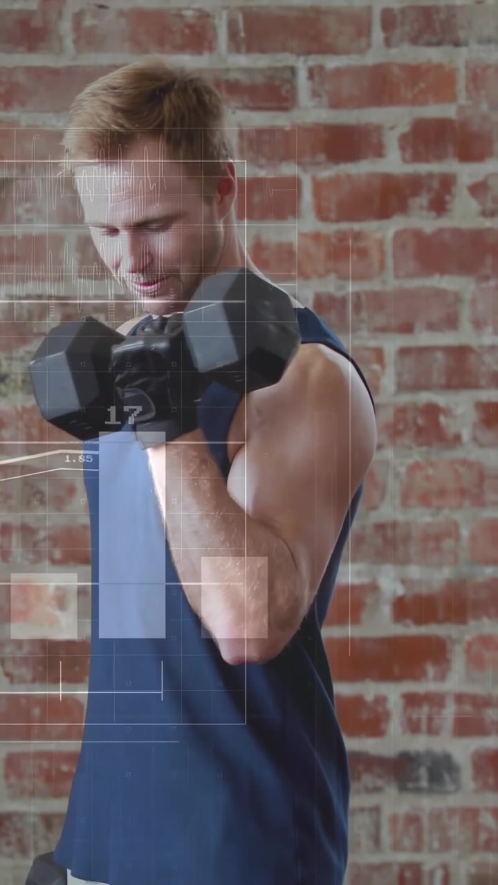 Video verticale: Uomo che solleva pesi (curling) per la salute con grafici e numeri in overlay che guidano la forma