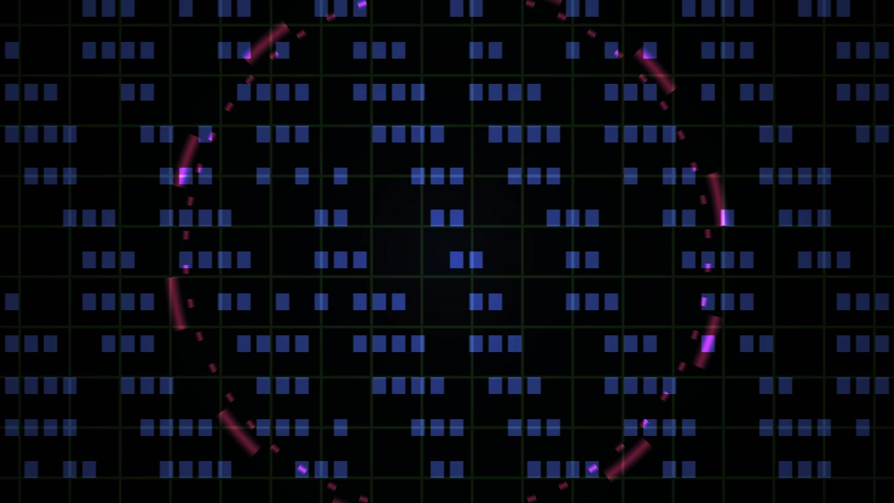 Futuristic Digital Data Grid with Scanning Light and Rotating Circles
